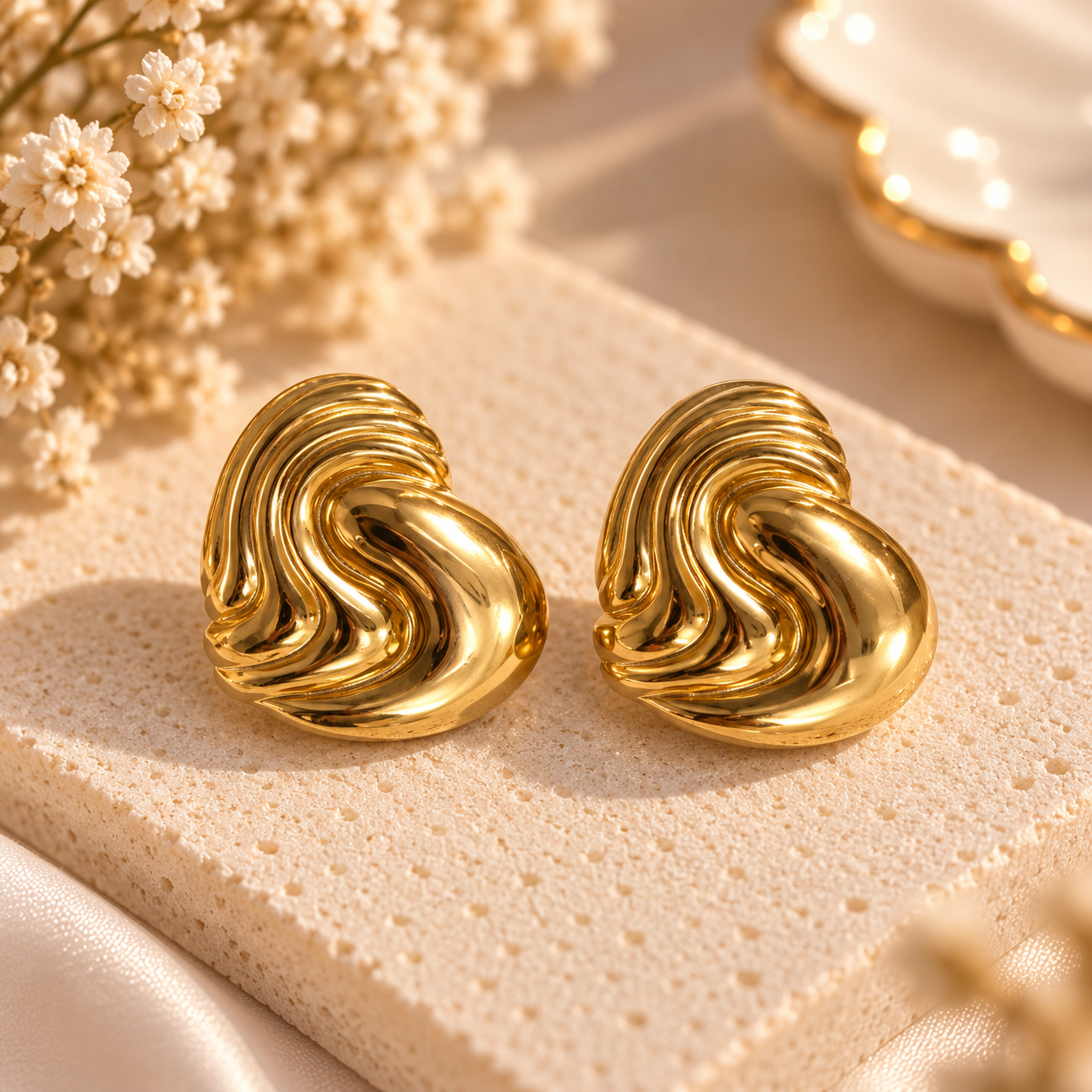 Glint Sculpted Gold Hoops- Round Heart