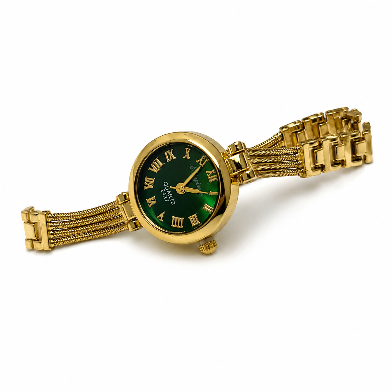 A vintage-style gold-tone watch with a dark green dial and Roman numeral hour markers, shown on a clean white background.